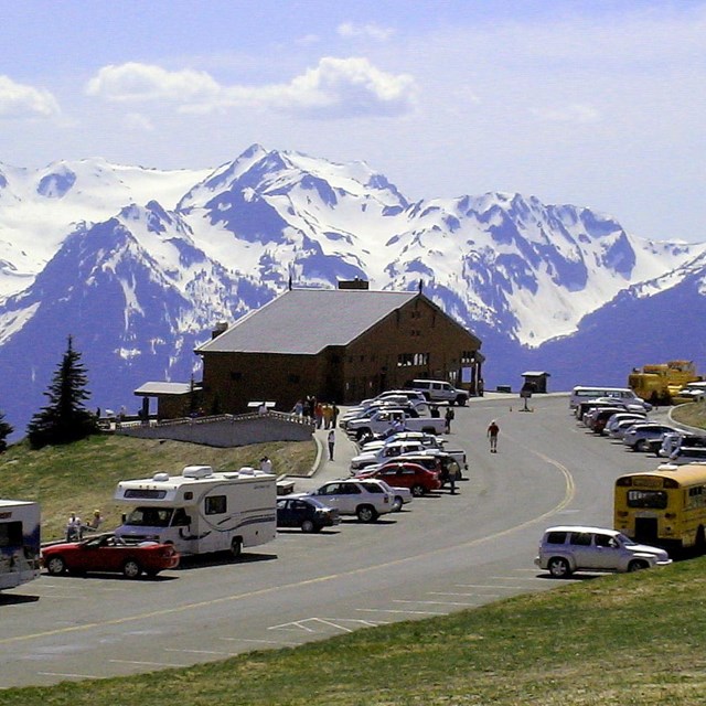 Cars and RVs parked in the Hurricane Ridge Visitor Center parking lot.