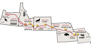 A graphic map of the western states depicting a trail route from Missouri to Idaho.