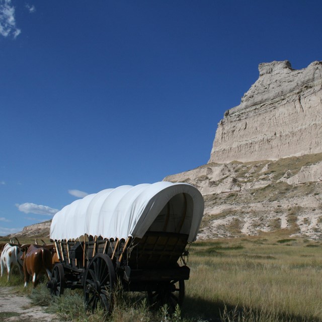 A covered wagon in front of a large sandstone bluff.