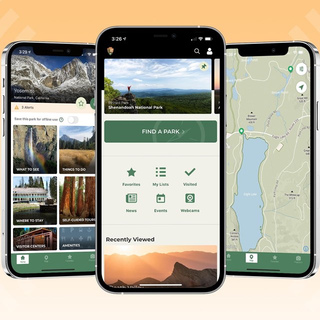 Three mobile devices displaying a mobile application about the national parks.