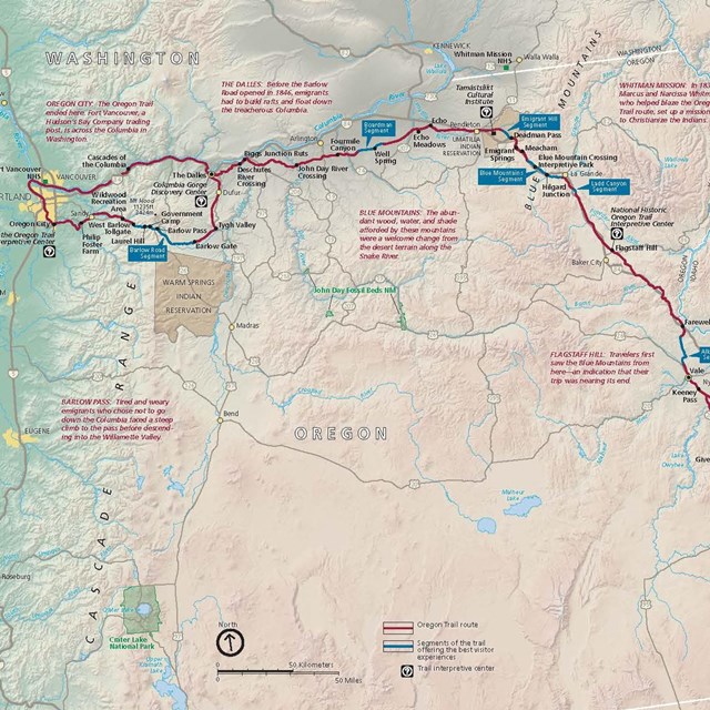 A map depicting a trail that traverses from the midwest to Oregon.