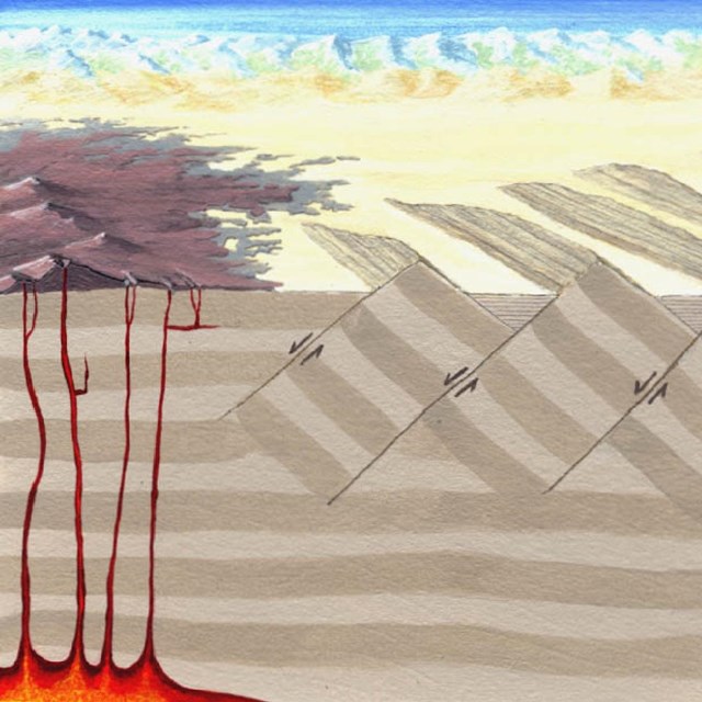 A schematic of plate tectonics, with mountains and volcanoes rising from the ground. 
