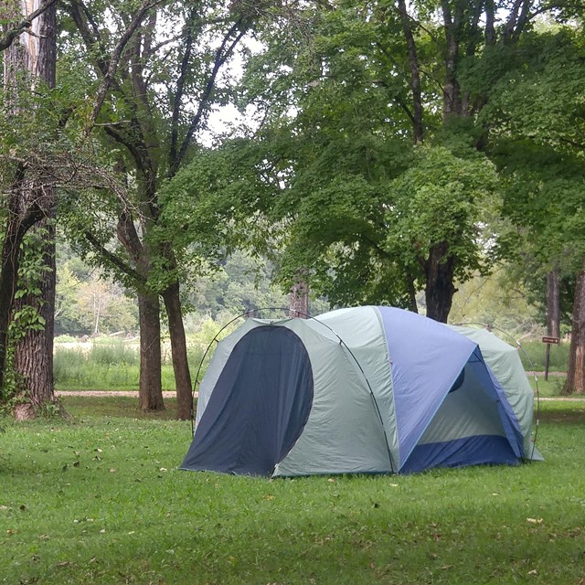 A tent sits in a field with a few trees nearby. There is a river in the background.