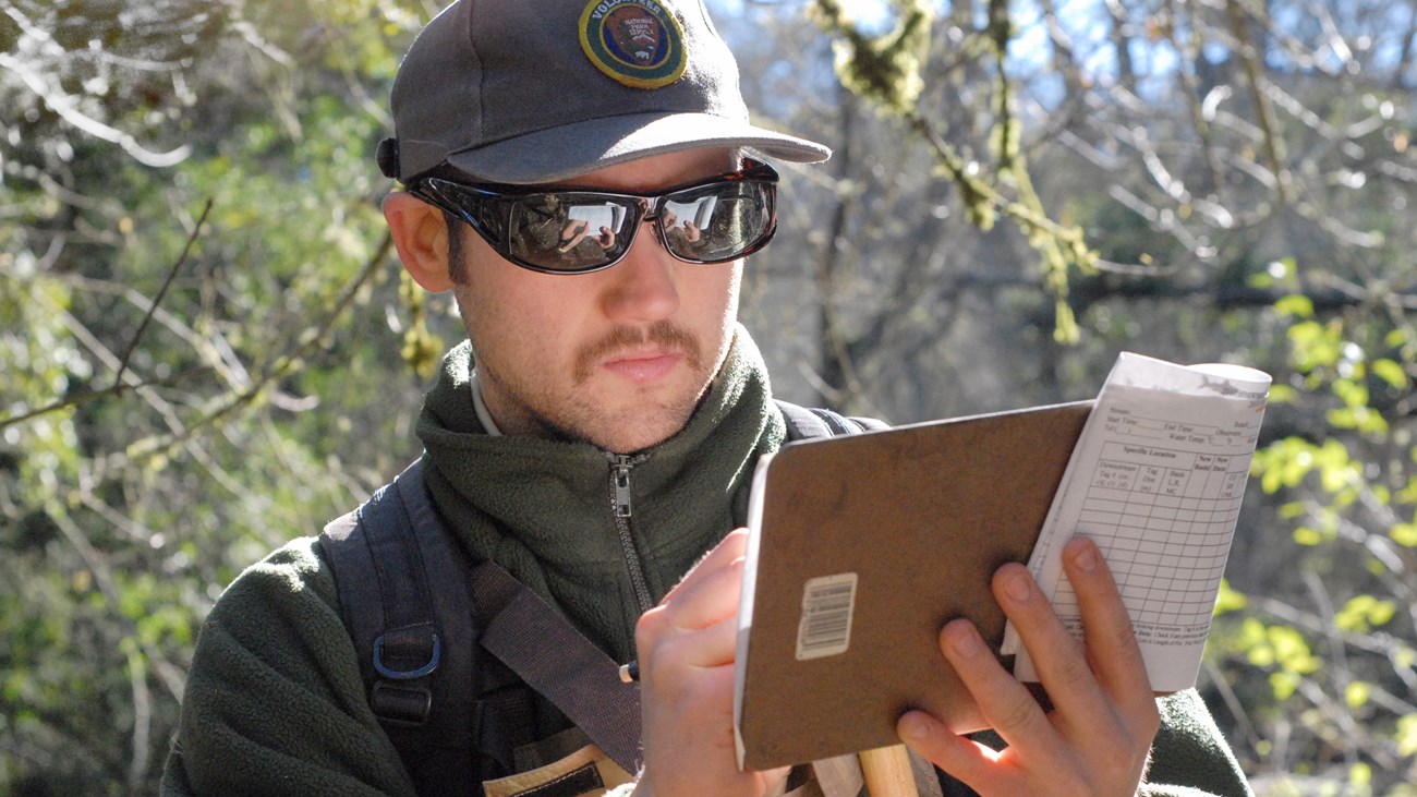 Intern recording data in the field during a winter coho spawner survey