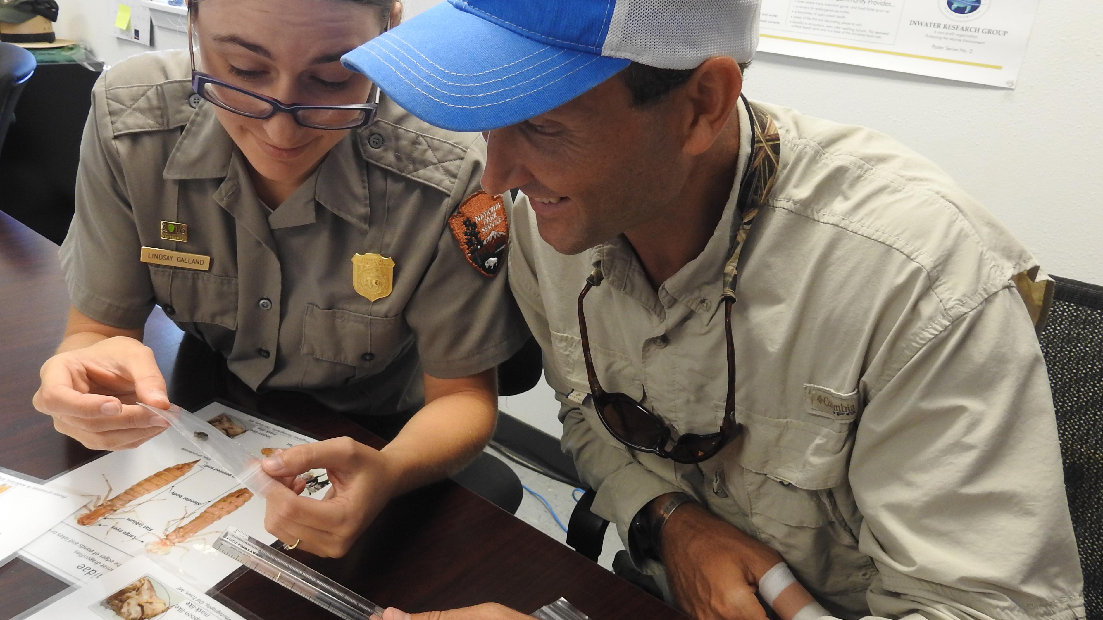 Two scientists examine a macroinvertebrate in a lab. 