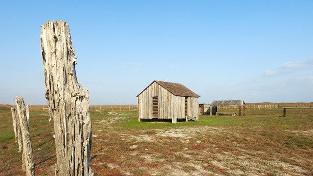 An old wooden building and fence in the grasslands with blue sky and clouds above.