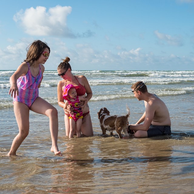A family sits in the shallow water on the beach.