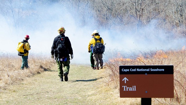 Three firefighters walk on a path with smoke in the background