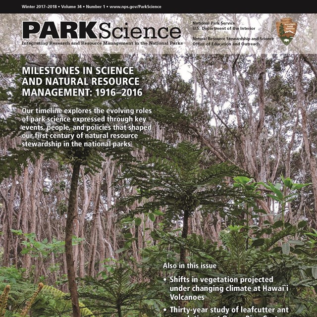 Cover of Park Science Winter 2017-2018 issue with photo of forest in Hawaii Volcanoes National Park