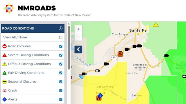 Screen capture of New Mexico roads map in yellow and green, options in a menu on the left