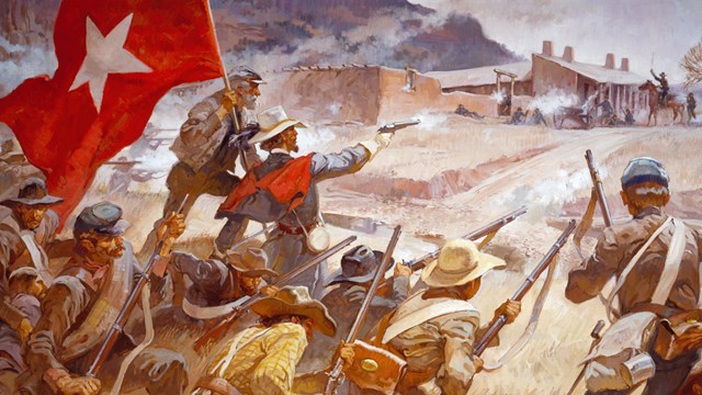 Confederate soldiers, holding red flag with white star, fire on Union soldiers outside adobe house