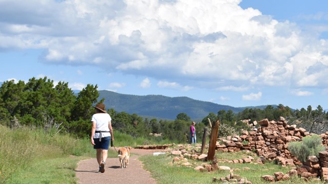 Person walking dog along Ancestral Sites Trail, next to rocks walls of the pueblo.