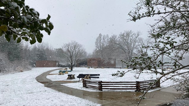 Nine cannons are on the side of a wide sidewalk leading to a red brick building on a snowy day.