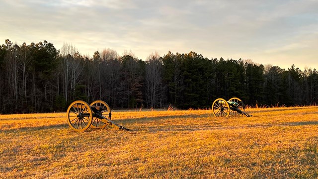 Two cannon in a grass field at sunset.
