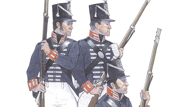 Three Battle of Lake Erie US Regular soldier uniforms, white pants, blue jackets, hats with a plume 