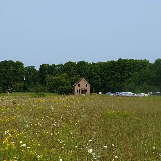 A brown farmhouse-style visitor center sits in the background of a wildflower meadow.
