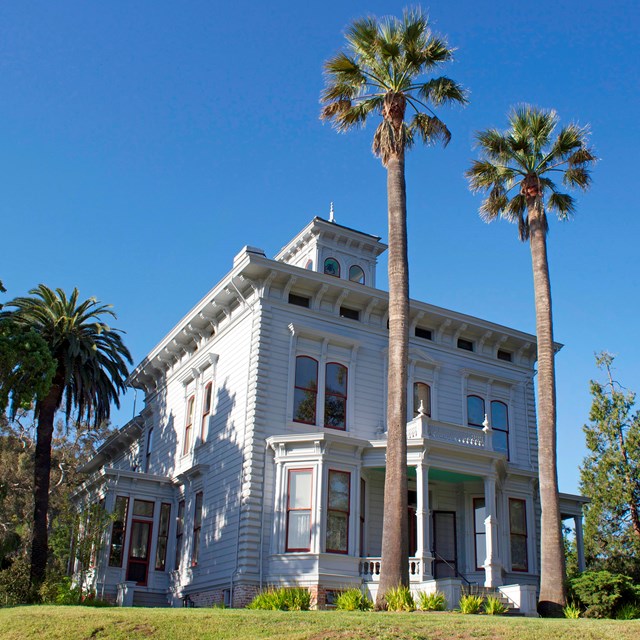 A two story victorian home with a bell tower. Two palms trees rise above the porch. 