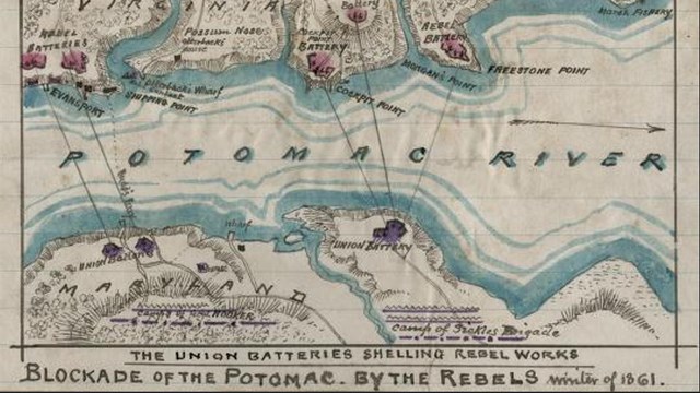 Map showing a waterway with land on each side 