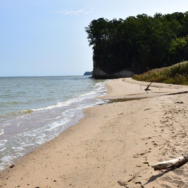View of cliffs along the beach in Westmoreland State Park. 