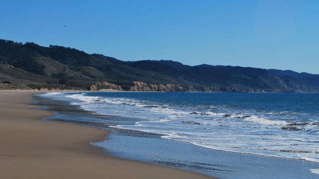 Waves wash in from the right onto a sandy beach. A forested ridge rises in the distance.
