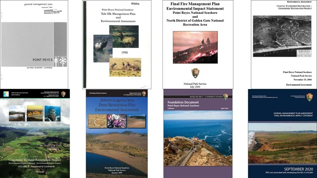 Images of the covers of eight management plans for Point Reyes National Seashore.