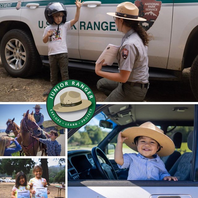 Collage of kids with horses, rangers, and a ranger hat.