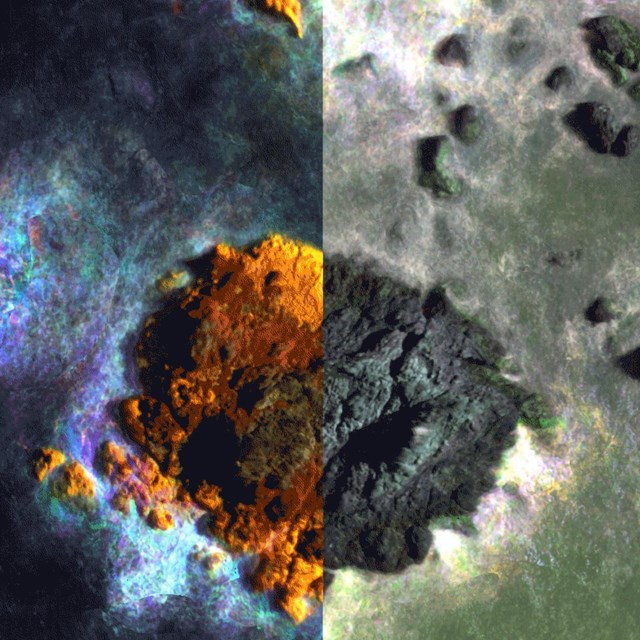 Aerial view of a rocky shoreline in infrared (left) and visible light (right).