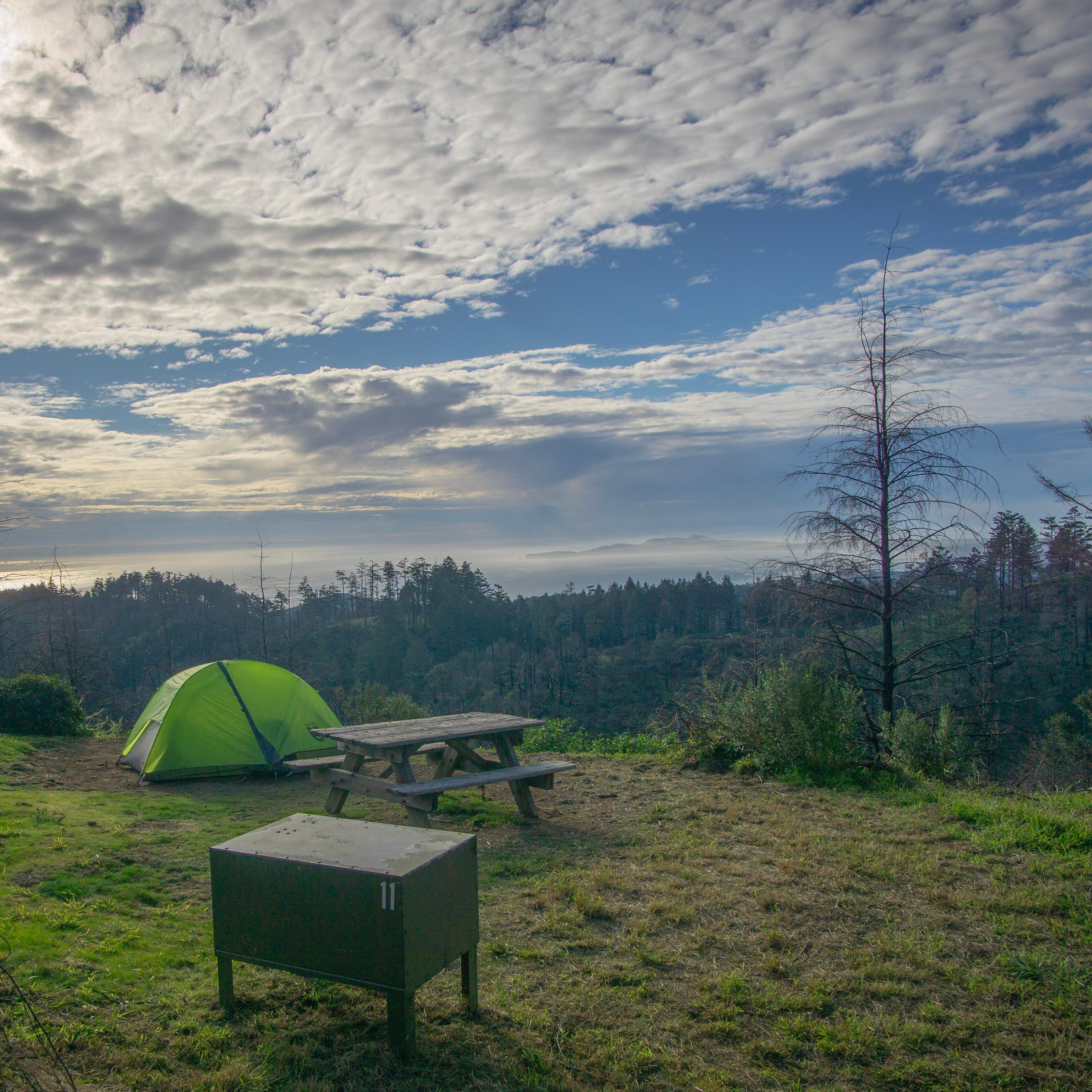 A green tent and a food storage locker labeled 