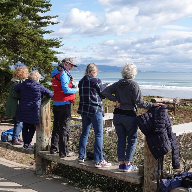 A docent in a red vest stands on a bench with park visitors by a beach.