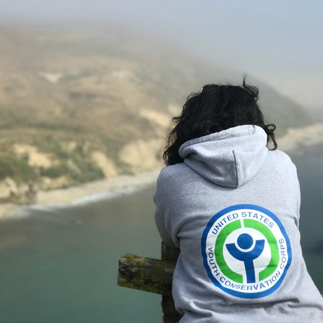 Person in a Youth Conservation Corps sweatshirt looking out over a bluff-backed beach.