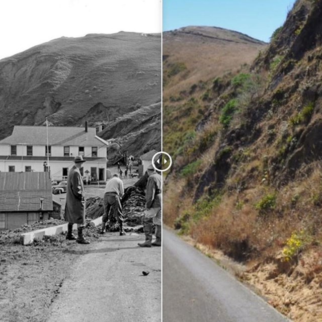 A split image of the Point Reyes Boathouse access road in 1956 and in 2019.