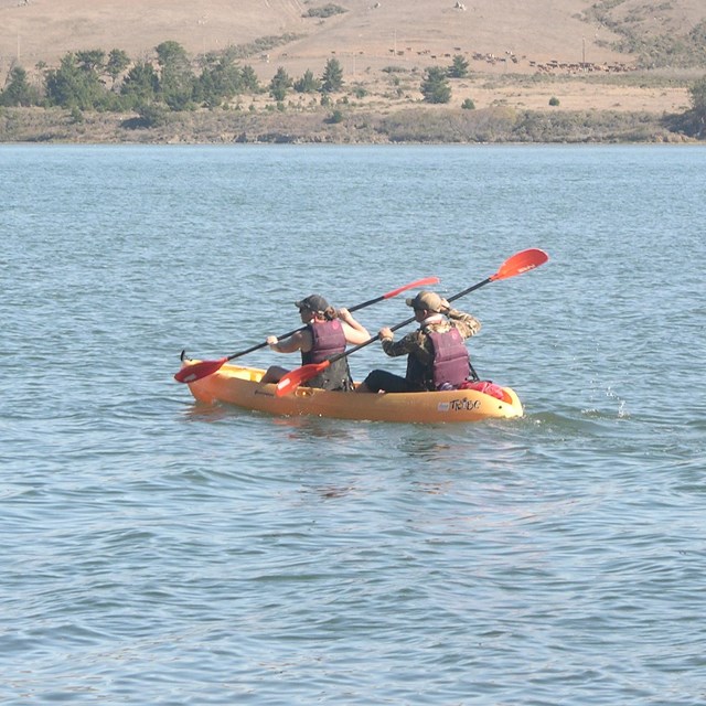 Two kayakers wearing purple PFDs in a yellow kayak on a calm bay.
