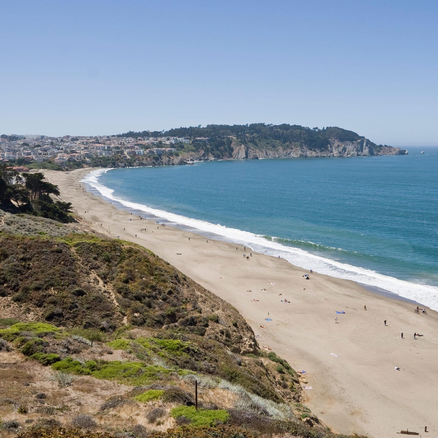 View south of baker beach from bluffs with lands end behind