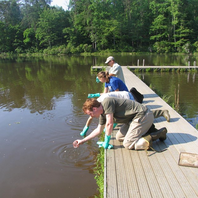 Three people on a dock doing water tests