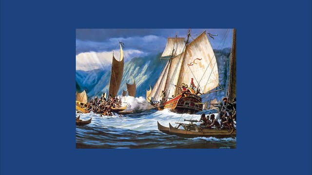 Painting of Isaac Davis and other people aboard Fair American ship