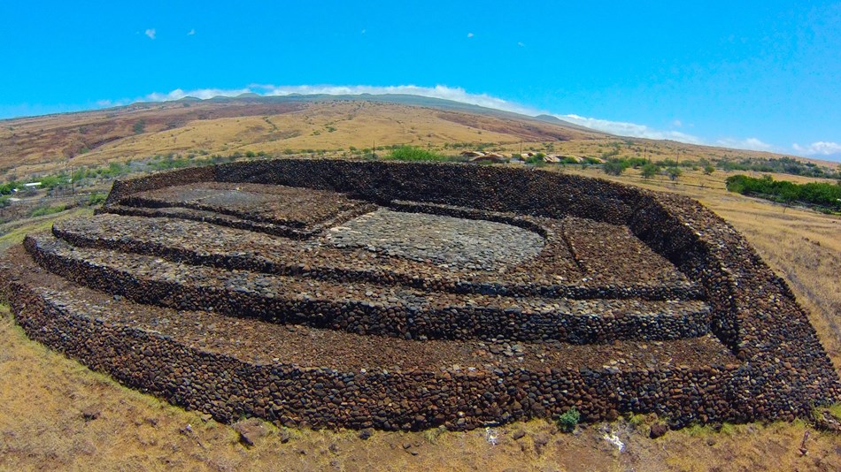 An aerial view of the heiau structure.