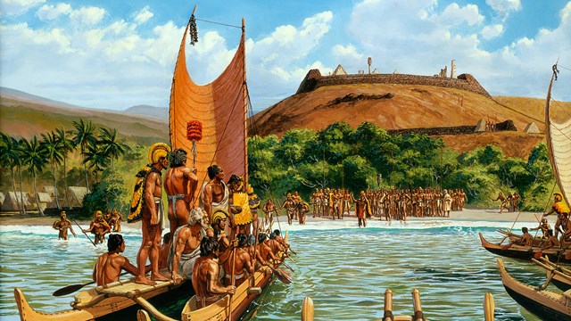 Herb Kane painting of Keoua approaching Puukohola Heiau by sea