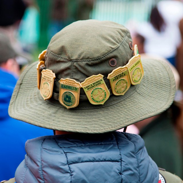 Junior Ranger badges line the brim of a child's Junior Ranger Hat.