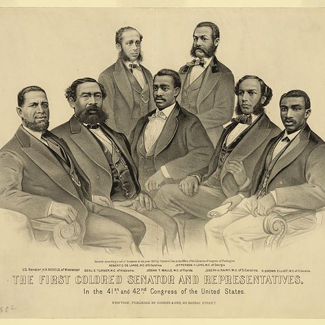 A illustration of the first Black Senator and Representatives.