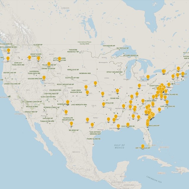Map of the United States with 107 orange points of interest, pointing out each of the network sites 