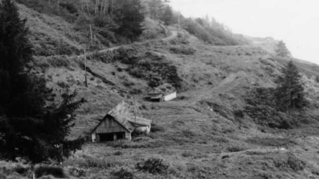 Black and white photo of 1940s-era California farm