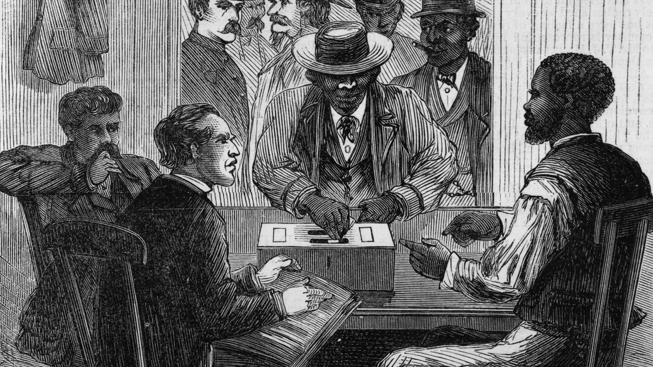 Historic drawing of black and white voters