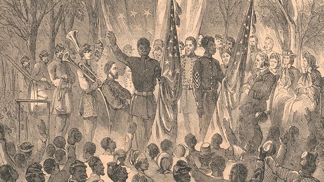 A historic drawing of a crowd celebrating around a group of soldiers with an American Flag.