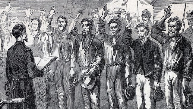 An engraving of administering the Oath of Allegiance to Confederate soldiers.