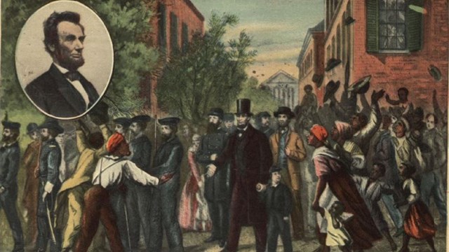 a 19th-century postcard depicts Abraham Lincoln in a crowded city street.