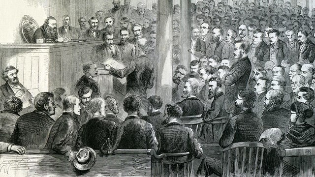 an engraving depicts a crowded 19th-century courtroom.