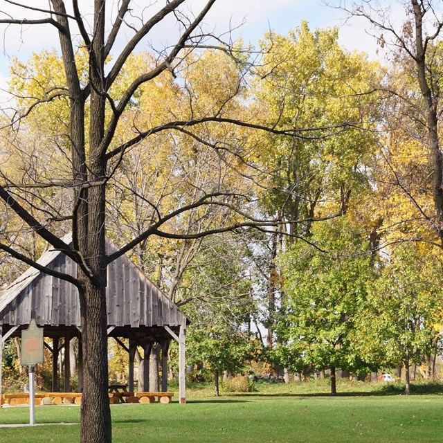 A view of the Pavilion on the Battlefield in the fall.