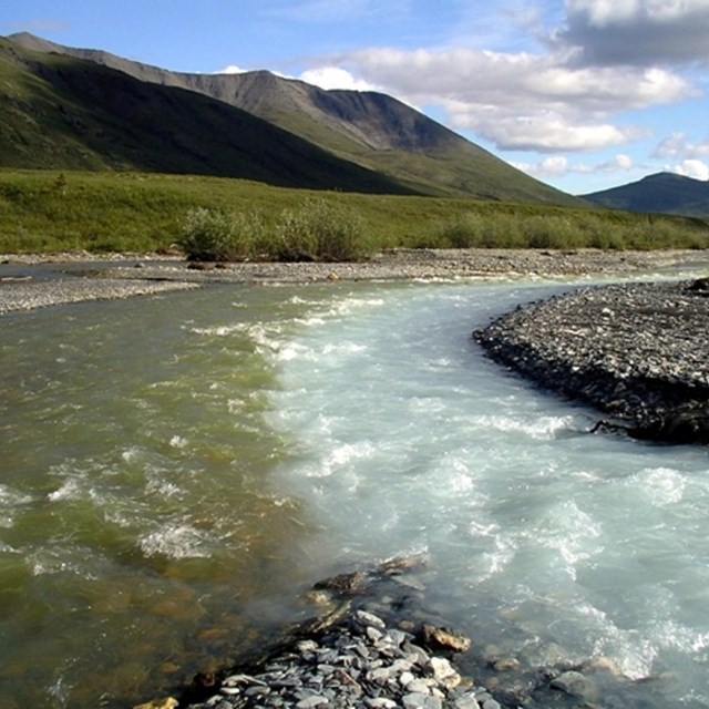 A glacial stream merges with a clear stream in the Noatak River drainage.