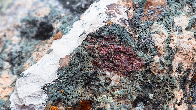 Close-up of garnet intrusion in rock