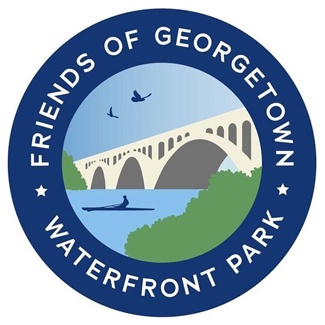 A blue circle with the organizations name surrounds a graphic of Key Bridge with a rower.